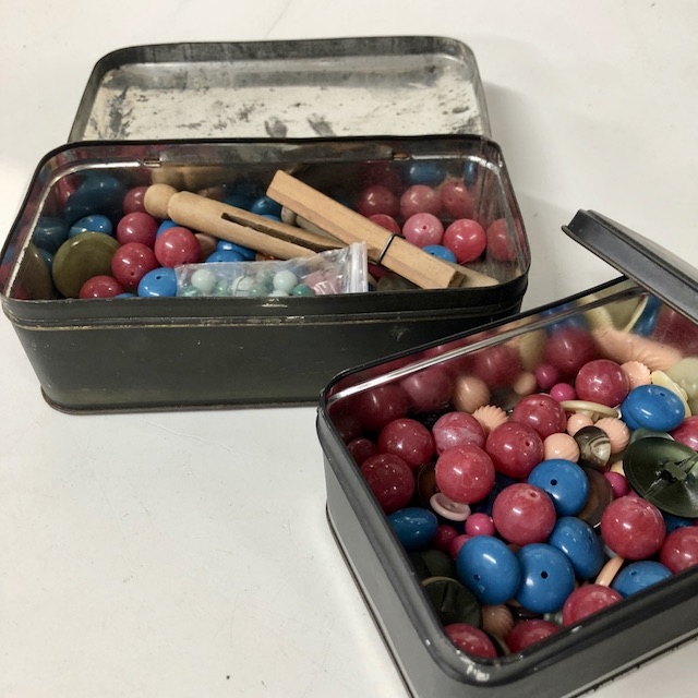 SEWING KIT, Metal Tin Box of Beads and Buttons